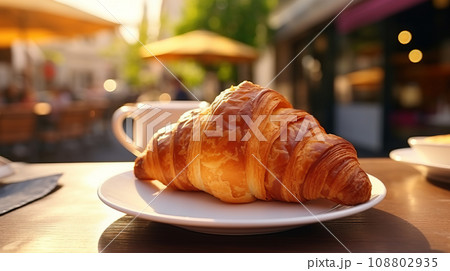 Fresh croissant and cup of coffee on the table in a cafe 108802935