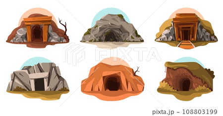 Cave entrance. Cartoon ancient mine with wooden door, prehistoric abandoned cavern with rock ground and dirt. Vector isolated set Cave entrance. Cartoon ancient mine with wooden door, prehistoric abandoned cavern with rock ground and dirt. Vector isolated set 108803199