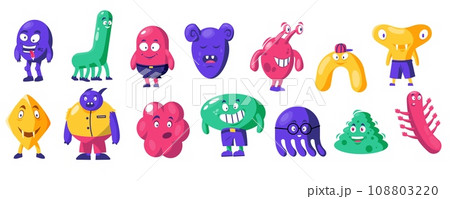 Cute abstract monsters. Doodle funny shapes alien characters with different emotions, figures with cute faces. Vector childish monster set Cute abstract monsters. Doodle funny shapes alien characters with different emotions, figures with cute faces. Vector childish monster set 108803220