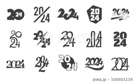 Text 2024 label. Modern calligraphy geometric and hand drawn elegant numbers, abstract type symbols design for traditional holiday. Vector set Text 2024 label. Modern calligraphy geometric and hand drawn elegant numbers, abstract type symbols design for traditional holiday. Vector set 108803239