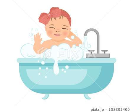 Baby girl in a bath with foam. Baby shower illustration. Design of children's hygiene products. Vector 108803400