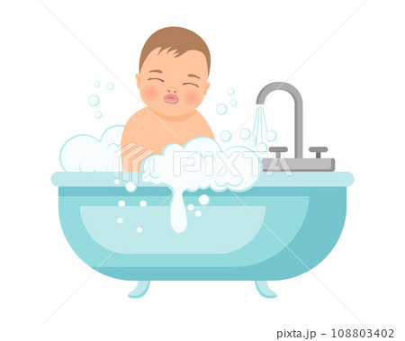 Baby boy in a bath with foam. Baby shower illustration. Design for baby hygiene products. Vector 108803402