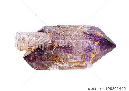 macro mineral stone Amethyst on smoky quartz on a white background 108803406