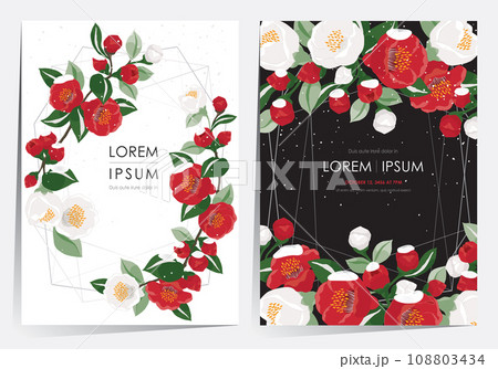 Vector Illustration of Floral Frame Set with Snowfall on Fully Bloomed Camellia Branches  108803434