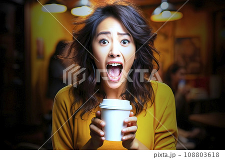 Asian woman with wide-open eyes and mouth holds a plastic takeaway cup with a drink in her hand Asian woman with wide-open eyes and mouth holds a plastic takeaway cup with a drink in her hand 108803618