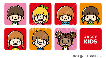 怒り顔の多人種の子供たちのアイコンセット 怒り顔の多人種の子供たちのアイコンセット 108803826