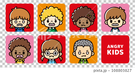 Angry face multiracial kids icon set 108803827