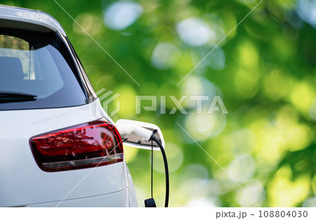 Close up of electric car inlet with a connected charging cable on a green background. 108804030