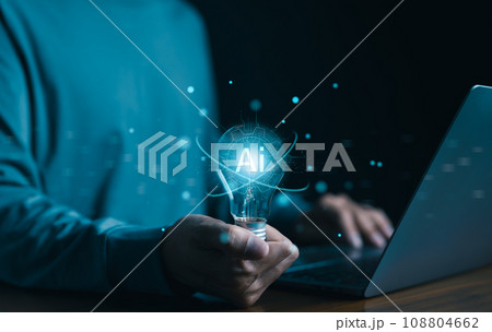 AI or Artificial intelligence concept. Man is holding a bright light bulb and has an AI chip and gears inside. future digital technology, Intelligent machine robot, Data science, Futuristic knowledge, 108804662