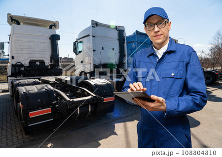Semi truck fleet at the logistics center Semi truck fleet at the logistics center 108804810