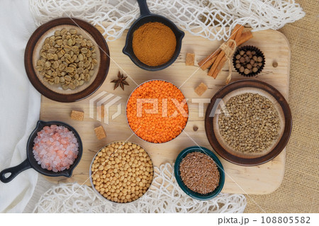 Various vegan products in bowls. Shopping. Storage farm products. Top view. Various vegan products in bowls. Shopping. Storage farm products. Top view. 108805582