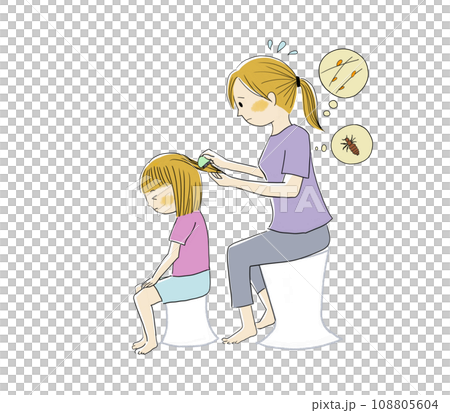 梳き櫛でアタマジラミの除去をする親子 梳き櫛でアタマジラミの除去をする親子 108805604