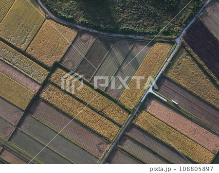 ドローンで上空から撮影した田んぼ ドローンで上空から撮影した田んぼ 108805897