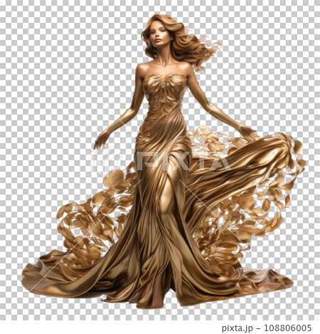 Girl in a beautiful golden long evening dress isolated Girl in a beautiful golden long evening dress isolated 108806005