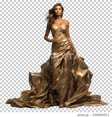 Girl in a beautiful golden long evening dress isolated Girl in a beautiful golden long evening dress isolated 108806051