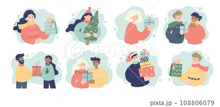 People with Christmas presents. Happy men, women and couples with gifts. Vector illustration in simple style 108806079