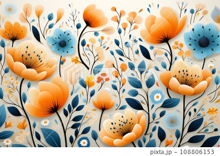 温かみのある色合いで描かれた抽象的な花のイラスト、明るくポジティブな雰囲気のデジタルアートAI画像 108806153