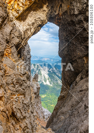 Prisojnik or Prisank Window. The larges rock window in Alps, Triglav National Park, Julian Alps, Slovenia 108806180