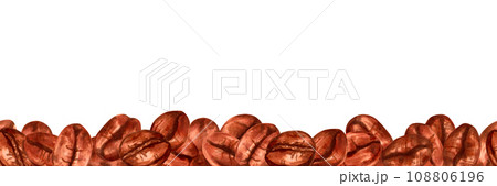 Seamless border of coffee beans. Aromatic varieties of Robusta and Arabica. Coffee day. Marker illustration in watercolor style.Organic illustration for cafe, restaurant menu. Hand drawn isolated art 108806196