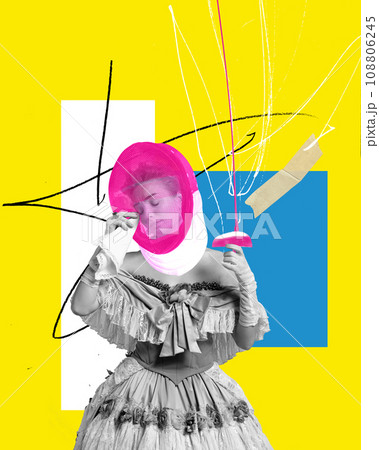 Young woman, medieval royal person, queen standing with fencing sword and crying over yellow background. Contemporary art collage. 108806245
