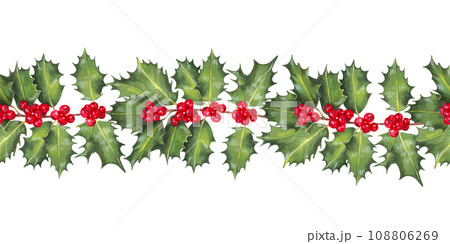 Christmas seamless horizontal border, frame of holly branches with red berries. Decor for the winter holidays New Year, Christmas. Watercolor and marker Christmas holiday design.Handmade isolated art Christmas seamless horizontal border, frame of holly branches with red berries. Decor for the winter holidays New Year, Christmas. Watercolor and marker Christmas holiday design.Handmade isolated art 108806269