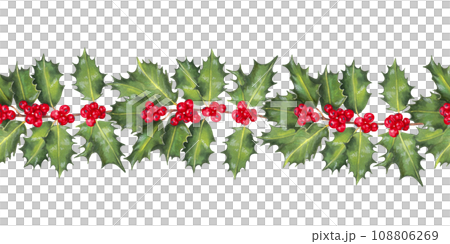 Christmas seamless horizontal border, frame of holly branches with red berries. Decor for the winter holidays New Year, Christmas. Watercolor and marker Christmas holiday design.Handmade isolated art Christmas seamless horizontal border, frame of holly branches with red berries. Decor for the winter holidays New Year, Christmas. Watercolor and marker Christmas holiday design.Handmade isolated art 108806269