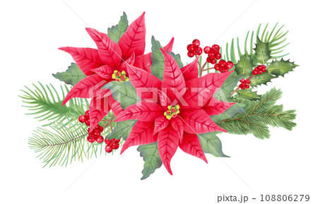Christmas bouquet with poinsettia flower, holly branches, berries, pine, spruce. Composition for the seasonal winter holidays New Year, Christmas. Watercolor and marker illustration.Handmade isolated 108806279
