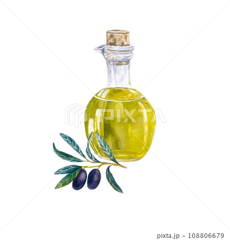 Watercolor hand draw bottle with olive oil and...のイラスト素材 [108806679 ...