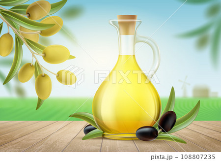 Glass jug with olive oil and ripe olive fruits Glass jug with olive oil and ripe olive fruits 108807235