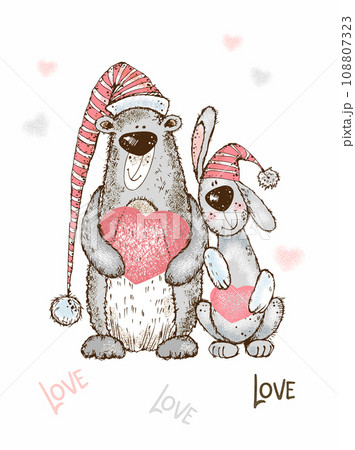 A Valentine's Day card. Cute bunny and teddy bear with a big heart. Vector. 108807323