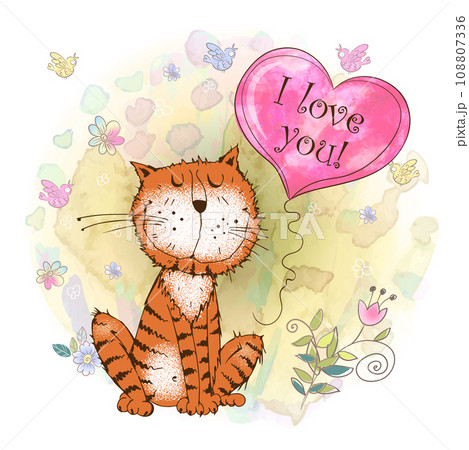 A Valentine's Day card. Cute cat with a balloon in the form of a watercolor heart. Vector. A Valentine's Day card. Cute cat with a balloon in the form of a watercolor heart. Vector. 108807336