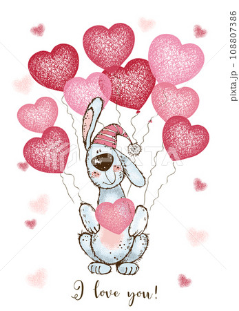 A Valentine's Day card. Cute bunny with balloons in the shape of a heart. Vector. 108807386