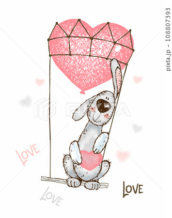 A Valentine's Day card. Cute bunny is flying in a balloon. Vector. 108807393