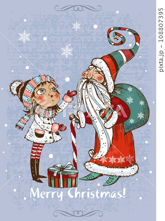 Christmas card. Santa Claus with a cute girl. Vector. 108807395