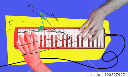 Human hands paying piano against blue yellow background. Musician. Talent expression. Contemporary art collage. Y2k style 108807997