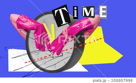 Female hands in rubber pink gloves and pear accessories hugging clock over blue background. Time. Contemporary art collage. Y2k style 108807998
