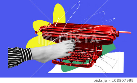 Female legs typing on typewriter against blue background. Creation of a story. Journalism. Contemporary art collage. Y2k style 108807999