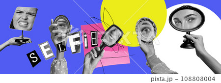 Female hands holding small vintage mirrors against multicolored background. Selfie and beauty. Contemporary art collage. Y2k style 108808004