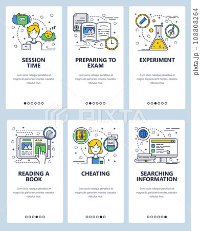 Vector web site linear art onboarding screens template. Preparing to exam in college. Reading online book. Menu banners for website and mobile app development. Modern design flat illustration. 108808264