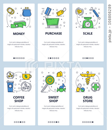 Vector web site linear art onboarding screens template. Shopping and money icons, drug store, candy and coffee. Menu banners for website and mobile app development. Modern design flat illustration. 108808289
