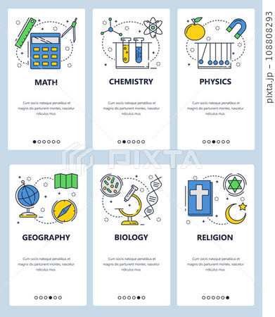 Vector web site linear art onboarding screens template. School subjects, math, physics, biology, chemisty, biology. Menu banners for website and mobile app development. Modern design flat Vector web site linear art onboarding screens template. School subjects, math, physics, biology, chemisty, biology. Menu banners for website and mobile app development. Modern design flat 108808293