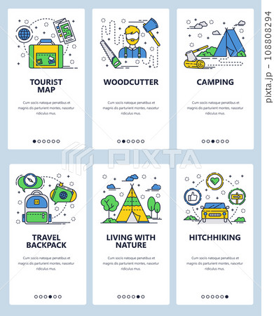 Vector web site linear art onboarding screens template. Outdoor travel, hiking and camping. Woodcutter, tourist map and hitchhiking. Menu banners for website and mobile app development. Modern design Vector web site linear art onboarding screens template. Outdoor travel, hiking and camping. Woodcutter, tourist map and hitchhiking. Menu banners for website and mobile app development. Modern design 108808294