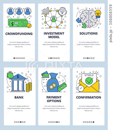 Vector web site linear art onboarding screens template. Crowdfunding and investment model. Bank and money payment options. Menu banners for website and mobile app development. Modern design flat 108808359