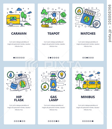 Vector web site linear art onboarding screens template. Outdoor camping and travel by camper caravan car. Menu banners for website and mobile app development. Modern design flat illustration. Vector web site linear art onboarding screens template. Outdoor camping and travel by camper caravan car. Menu banners for website and mobile app development. Modern design flat illustration. 108808366