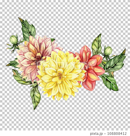Watercolor dahlia flowers composition. Hand drawn illustration of a blooming flower garden. Design for baby shower party, birthday, cake, holiday celebration design, posters,greetings card,invitation. Watercolor dahlia flowers composition. Hand drawn illustration of a blooming flower garden. Design for baby shower party, birthday, cake, holiday celebration design, posters,greetings card,invitation. 108808412