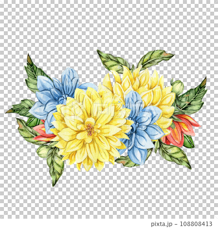 Watercolor dahlia flowers composition. Hand drawn illustration of a blooming flower garden. Design for baby shower party, birthday, cake, holiday celebration design, posters,greetings card,invitation. 108808413