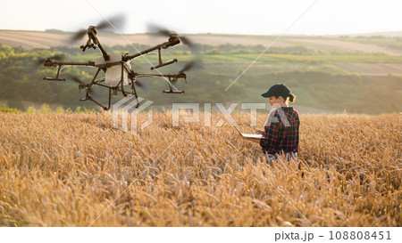 Woman farmer controls drone sprayer with a tablet. Smart farming Woman farmer controls drone sprayer with a tablet. Smart farming 108808451