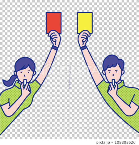 Illustration material of an image of male and female referees who issue red and yellow cards, standing out from the side Illustration material of an image of male and female referees who issue red and yellow cards, standing out from the side 108808626