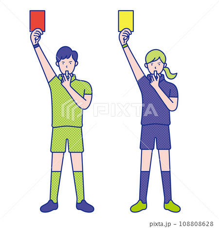 レッドカードとイエローカードを出す男性と女性の審判のイラスト素材【セット】 108808628