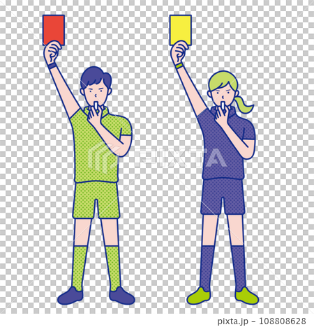 レッドカードとイエローカードを出す男性と女性の審判のイラスト素材【セット】 108808628